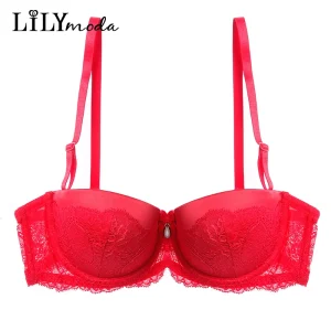 2018 Sexy Women Ladies Lace Strapless Brassiere Half Cup Push Up Pearl Decoration Hot Bra Red Female Lingerie Underwear Soft