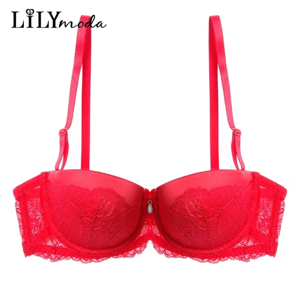 2018 Sexy Women Ladies Lace Strapless Brassiere Half Cup Push Up Pearl Decoration Hot Bra Red Female Lingerie Underwear Soft