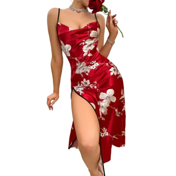 Fashion Sexy Print Nightgown Women Luxury Backless Slit Camisole Skirt Home Wear Summer Thin Breathable Imitation Silk Pajamas - Image 6