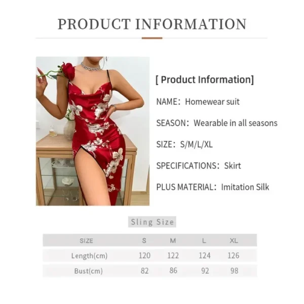 Fashion Sexy Print Nightgown Women Luxury Backless Slit Camisole Skirt Home Wear Summer Thin Breathable Imitation Silk Pajamas - Image 5