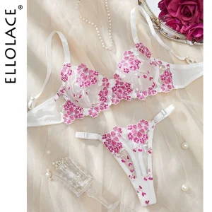 Ellolace Lingeries Sexy Hot Lace Women's Ethical Underwear See Through Intimate Complete 2 Pieces Set Beautiful Matching Bra Set