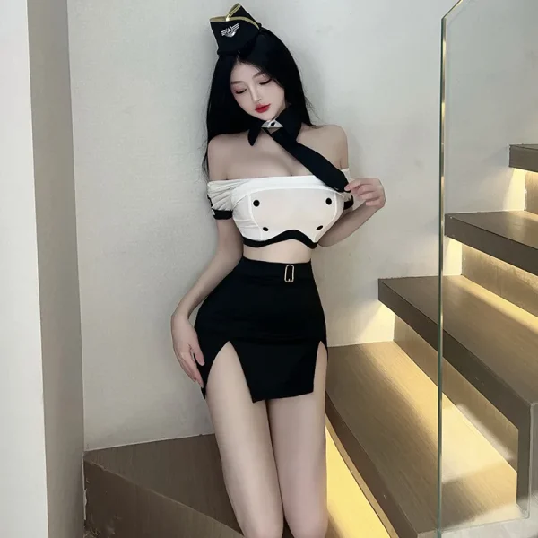 Sexy Airline Stewardess Uniform Secretary Costumes Cosplay Bandage Backless Top Mini Skirt Lingerie Set Office Role Play Outfit - Image 3