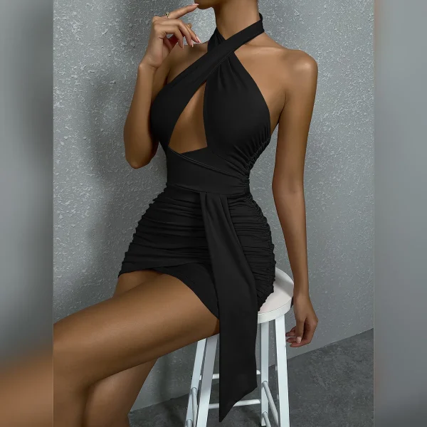 Summer Sexy Halter Cross Night Club Dress for Women Backless Cut-out Pleated Mini Party Dress Sleeveless Buttocks Bodycon Dress - Image 5