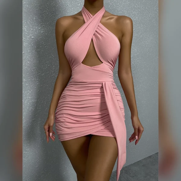 Summer Sexy Halter Cross Night Club Dress for Women Backless Cut-out Pleated Mini Party Dress Sleeveless Buttocks Bodycon Dress - Image 4