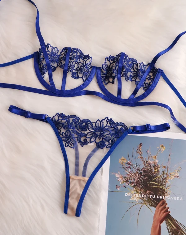 Ellolace Cobalt Lingerie Thongs Women's Underwear Set Woman 2 Pieces Fancy Lace Transparent Bra Erotic Pushup Sexy Fine Intimate - Image 4